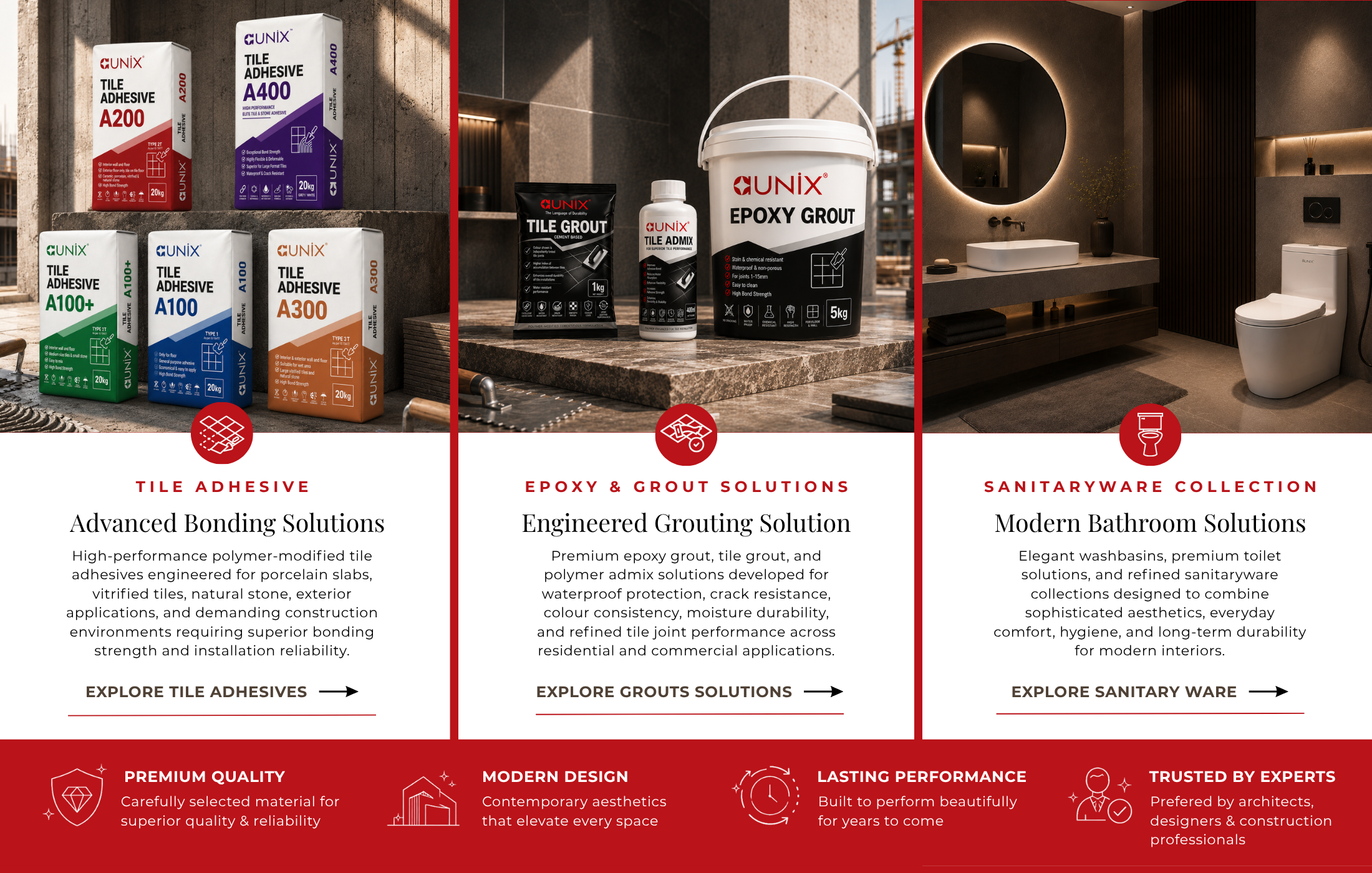 our product range of tile adhesive and sanitary ware